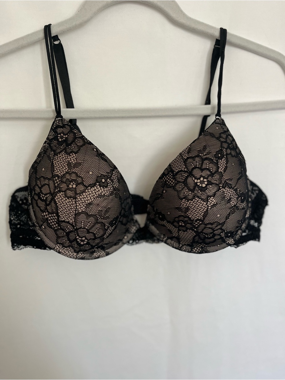 Natori Black Lace Overlay Bra with Nude Base 38B